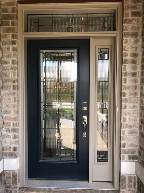 Door: Saratoga Full Glass, Side Lite: Saratoga, Transom: Saratoga, Camming: Black Full Glass Exterior Door, Full Glass Front Door, Full Glass Door, Exterior Doors With Sidelights, Black Exterior Doors, Beveled Glass Doors, Glass Porch, Exterior Door Colors, Exterior Door Designs