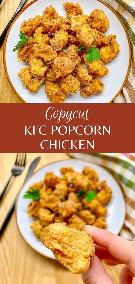 KFC Popcorn Chicken (Copycat Recipe) Essen, Kfc Popcorn Chicken Recipe, Kfc Popcorn Chicken, Baked Popcorn Chicken, Chicken Batter, Kfc Chicken Recipe, Popcorn Chicken Recipe, New Chicken Recipes, Kfc Chicken