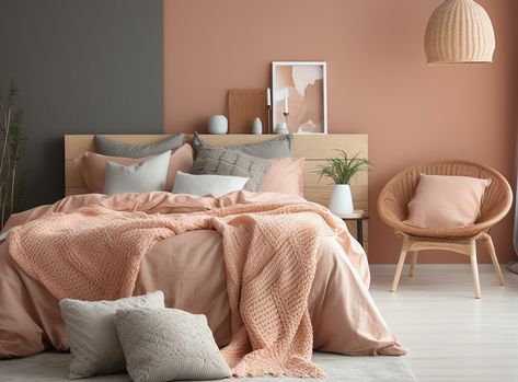 Peach Room Ideas - Pantone Colour Of The Year 2024 | Checkatrade Peach Beige Bedroom, Gray And Peach Living Room, Peach Master Bedrooms Decor, Peach Color Home Decor, Peach And Gray Bedroom, Grey And Peach Living Room, Peach Colour Bedroom, Peach Wall Bedroom, Peach Color Room