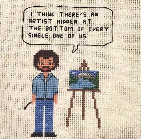 Get Inspired by This Bob Ross Cross Stitch Patchwork, Bob Ross Quotes, Embroidery Tips, The Joy Of Painting, Bob Ross, Stitch Embroidery, Diy Embroidery, Cross Stitch Designs, Counted Cross Stitch
