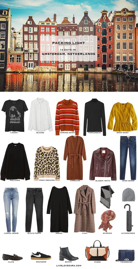 Amsterdam Packing List Janis Joplin T-shirt | Polka Dot Blouse | Striped Shirt | Black Turtleneck | Yellow Wrap Shirt | Black Sweater | Animal Print Sweater | Brown Cardigan | Moto Jacket | Dark Amsterdam Outfit, Packing For Europe, Packing Guide, Travel Capsule Wardrobe, Travel Capsule, Clothes And Shoes, Amsterdam Netherlands, Travel Wardrobe, Winter Travel