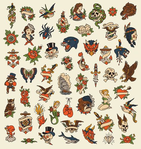 Tattoo Flash Ideas - All You Need to Know [2020 Information Guide] American Traditional Tattoos, Old School Tattoo On Hand, Classic Tattoo Old School, Old School Sailor Tattoo, Classic Traditional Tattoo, American Traditional Tattoo Flash, Traditional Tattoo Flash Sheets, Americana Tattoo, Vintage Tattoo Art