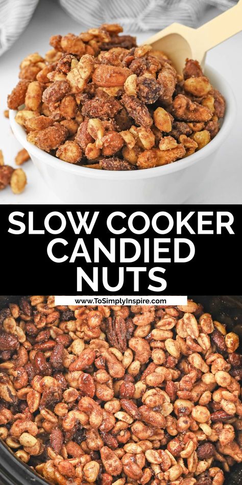 crockpot candied nuts slow cooked in a cinnamon sugar mixture and in a white bowl. Crockpot Nut Clusters, Holiday Nut Mixes, Thanksgiving Nut Cups, Slow Cooker Candied Pecans, Candy Coated Pecans, Candy Nuts Recipe Easy, Candied Nuts Recipe Christmas, Candied Nuts Recipe Easy, Sugared Nuts Recipe