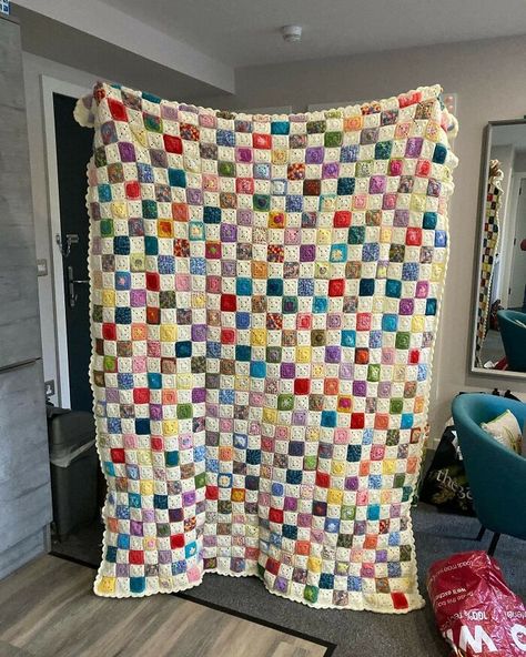 A Blanket I Recently Finished For My Daughter, It's Called The Battenberg Blanket But Has Been Renamed A Hug From Home Patchwork, Battenberg Crochet Blanket, Battenberg Blanket, Octopus Hat, Baby Rugs, Personalized Dolls, Crochet Bedspread, Cuddle Buddy, Crochet Stuff