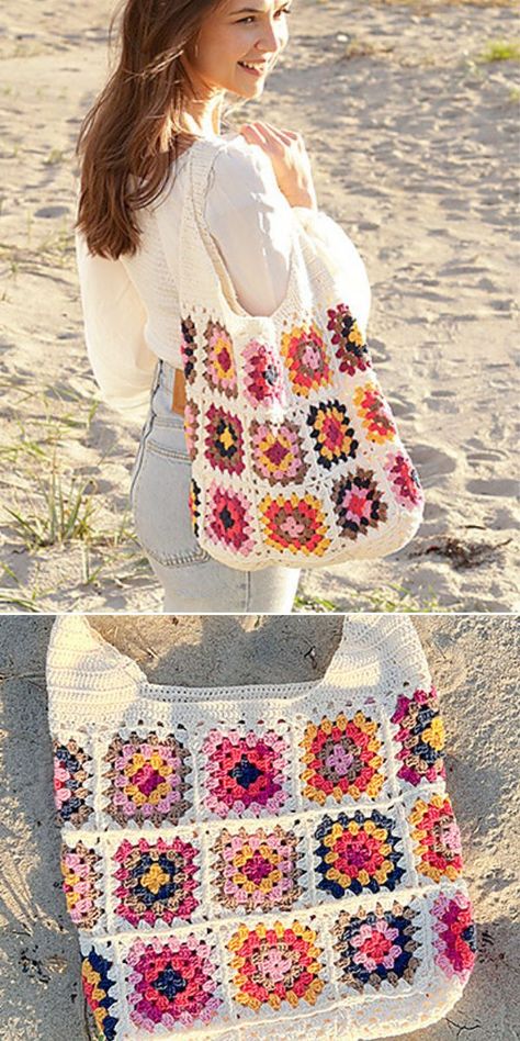 Boho Bag Crochet Pattern Free, Sac Granny Square, Crochet Clutch Pattern, Tote Crochet, Crochet Tote Pattern, Tote Bag Pattern Free, Crochet Beach Bags, Crochet Market, Granny Square Crochet Patterns Free