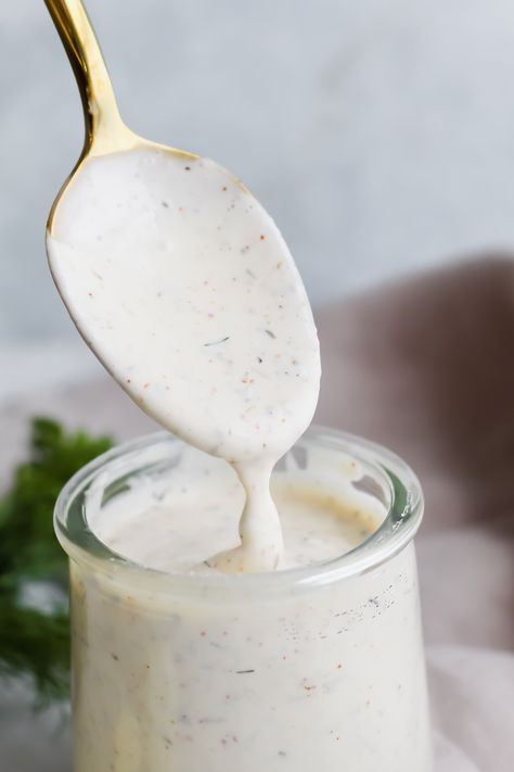 This Homemade Ranch Dressing is made with a base of only 2 ingredients and a ton of fresh herbs and spices! It’s the creamiest, easiest dressing that you will want to put on everything! #homemaderanch #easyranch #homemaderanchdressing Best Blue Cheese Dressing, Dairy Free Ranch Dressing, Blue Cheese Dressing Recipe, Creamy Salad Dressing, Diy Spices, Homemade Ranch Dressing, Blue Cheese Dressing, Dairy Free Yogurt, Clean Plates