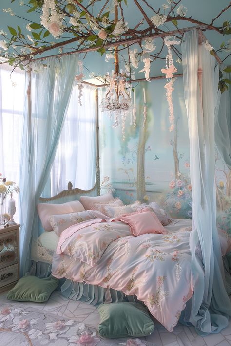 Transform Your Bedroom into a Fairy-Tale Retreat: Magical Decor Ideas Fairy Themed Living Room, Jewel Bedroom, Fairy Living Room, Coquette Garden, Fairycore Bedroom, Academia Coquette, Fairy Garden Bedroom, Fairytale Room, Fairy Dollhouse