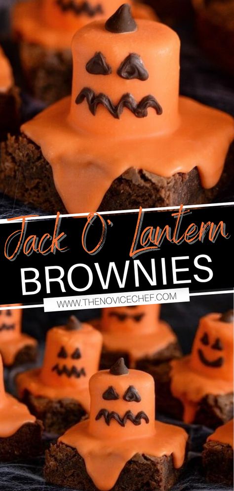 These easy, kid-friendly treats will have you looking forward to Halloween! It couldn't be easier to whip up these Melted Jack O’ Lantern Brownies. Your party-goes will be cackling in delight when they see these adorable desserts with candy marshmallow goodness! Jack O Lantern Brownies, Treats For Halloween Party, Cute Halloween Baked Goods, Fun Easy Halloween Treats, Brownie Halloween Ideas, Easy Spooky Treats, Halloween Carnival Food, Halloween Dinner Ideas For Party, Holiday Treats Halloween