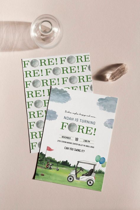 "Golf Birthday Invitation, Digital Boy Birthday Invitation, Fore, 4th, Fourth Birthday, Editable Golf Birthday Invitation for 4 years old, INSTANT DOWNLOAD  Customizable and Downloadable Corjl Design Birthday Party Invitation Design Sizes: 5x7 inc ---CONTACT ME FOR ALL YOUR QUESTIONS --- https://www.etsy.com/people/0gzz2rnd?ref=shop_home_header --- This is a corjl template. After purchasing, corjl will send you a link to access your file. All items are sold separately --- TEST THE DEMO BEFORE BU 4th Birthday Party For Boys, Party Invitation Design, Golf Birthday Party, Boys First Birthday Party Ideas, Birthday Flags, Baby Boy 1st Birthday Party, Masters Golf, Golf Theme, Golf Party