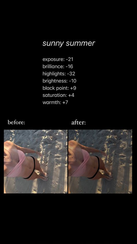 Editing Selfies On Iphone, Edits For Iphone Photos, Edit Settings For Photos, Summer Photo Editing Iphone, Photos Settings Iphone, Summer Photo Presets, Sunset Exposure Settings, Filters On Lightroom, Summer Photo Edit Iphone