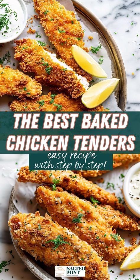 Make delicious, crispy breaded chicken tenders at home with this easy oven-baked recipe. Ideal for chicken breast recipes and game day snacks. At Home Chicken Tenders, How To Make Tender Chicken, Crispy Chicken Oven Baked, How To Make Crispy Chicken Tenders, Simple Breaded Chicken Recipes, Oven Baked Fried Chicken Tenders, Oven Baked Breaded Chicken Tenders, Breaded Chicken Bites Recipes, Easy Oven Fried Chicken Tenders