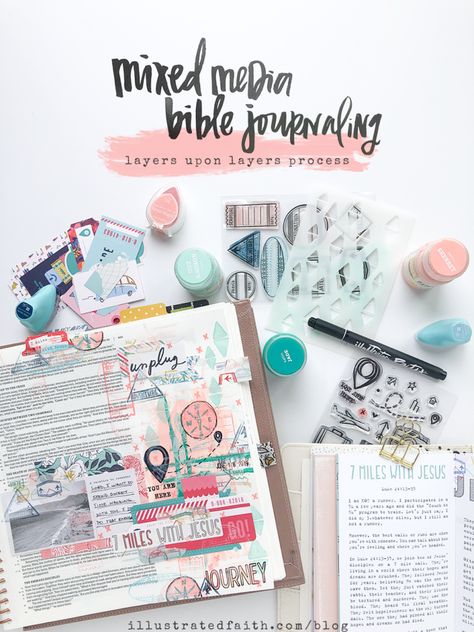 Mixed Media Bible Journaling Tutorial | Layers Upon Layers Upon Layers - Illustrated Faith Decorated Bible, Journaling Tutorial, Prayer Binder Ideas, Stephanie Ackerman, Illustrating Bible, Illustrated Faith Bible Journaling, Illustrated Faith Bible, Genesis Bible, Bible Journaling For Beginners