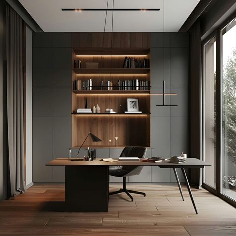 Elegant modern home office with dark grey walls, accented by warm wood paneling and sleek bookshelves. The central desk pairs with a black leather chair, framed by large windows showcasing outdoor trees. Minimalist design highlights natural lighting and contemporary style. Ideal for focused work and creative inspiration. Dark Modern Interior, Home Office Dark, Living Hall Design, Office Dark, Pvc Panel, Modern Home Offices, Industrial Office Design, Dark Grey Walls, Office Interior Design Modern