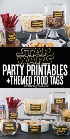 Star Wars Themed Decor, Star Wars Day Food Ideas, First Birthday Star Wars Cake, Disney Themed Party Food, Star Wars Day Food, Star Wars Food Labels, Starwars Food, Star Wars Gender Reveal, Star Wars Baby Shower Decorations