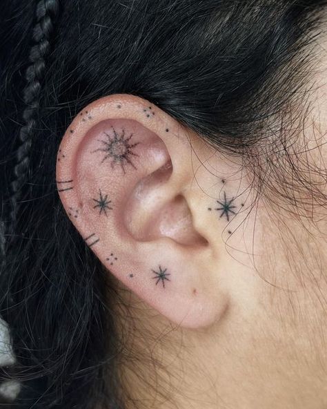 Simple Ear Tattoos For Women, Color Ear Tattoo, How To Do Stick And Poke Tattoos, Stick And Poke Hand Tattoos, For Women Tattoo Design, Stick And Poke Tattoo Ideas Simple, Ear Tattoos For Men, Cool Stick And Poke Tattoos, Tattoo Ideas For Women Unique