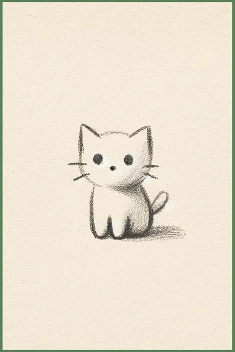 Sketch of a small, simplistic cat with large eyes sitting on cream-colored paper. Sketching Ideas Beginner, Drawing Inspo Simple Easy, Easy Small Drawing Ideas, How To Draw A Pencil, Basic Art Drawings, Small Drawing Ideas Doodles, Simple Cat Drawing Cute, Sketch Ideas Easy Simple, Cute Cat Doodles Easy