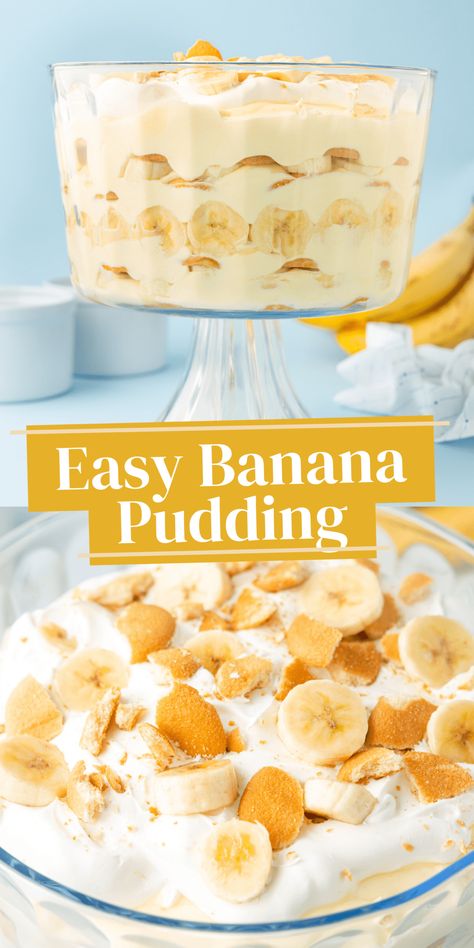 This easy banana pudding recipe is like that classic banana pudding your grandma always made. Made in a trifle bowl with layer after layer of vanilla wafers, ripe bananas, creamy instant vanilla pudding mix, and cool whip to top it off. Not Your Mama Banana Pudding, Easy Banana Pudding Cheesecake, Easy Banana Pudding Recipe Simple, French Vanilla Pudding Recipes, Banana Pie Recipe Easy Instant Pudding, Quick And Easy Banana Pudding Recipes, Quick Banana Pudding, Vanilla Wafer Dessert, Vanilla Wafer Banana Pudding