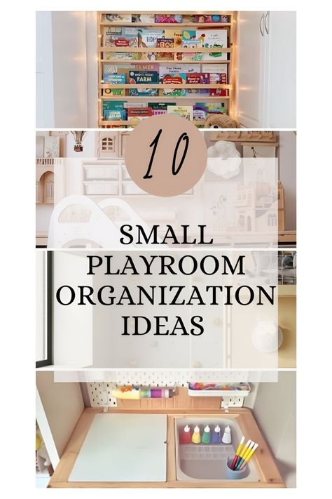 There are still so many elements and zones you can add to a small playroom to make it enjoyable for your kidsLearn storage saving tips and how to organize your small playroom to get the most fun out of itplayroomkids roomorganization smallplayroom Toy Storage Basement Kid Playroom, Toy Corner Ideas, Kids Play Area Storage, Play Closet Organization, Playroom Inspo Boys, Small Narrow Playroom Ideas, Tv In Playroom Ideas, Square Playroom Layout, Small Functional Playroom