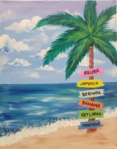 Beachy Paintings, Paint Beach, Wine And Paint Night, Surfboard Painting, Palm Tree Drawing, Beach Scene Painting, Beach Drawing, Beach Art Painting, Painting Parties