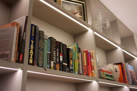 Book Shelf Light, Library Room Small, Small Room Lighting, Arranging Bookshelves, Led Shelves, Led Shelf Lighting, Recessed Shelf, Canned Lighting, Shelf Light