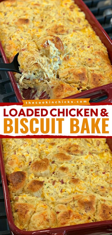 An easy comfort food dinner with only 7 ingredients! It's a yummy casserole recipe featuring chicken and biscuits. Packed with so much flavor, this Loaded Chicken and Bake is family-approved! Chicken And Biscuit Bake, Chicken Biscuit Casserole, Biscuit Recipes Dinner, Loaded Chicken, The Cookin Chicks, Can Chicken Recipes, Easy Supper, Chicken And Biscuits, Favorite Dinner