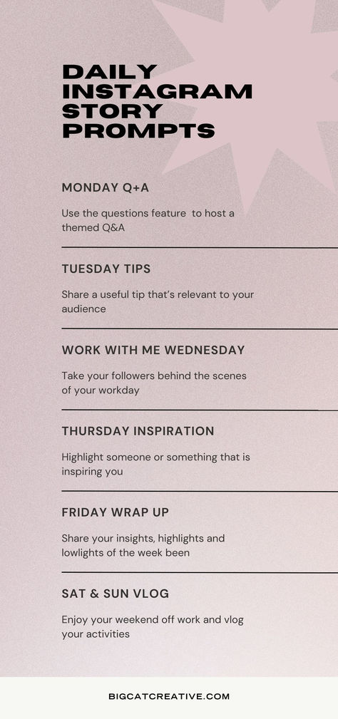 Daily Instagram Story Prompts - a content idea for each day of the week. Starting An Instagram Business, Instagram Weekly Post Ideas, How Make Instagram Story, Office Instagram Post Ideas, About Me Instagram Post Ideas, Beginner Instagram Posts, Instagram Post Planner Business, How Often Should You Post On Instagram, How To Post More On Instagram