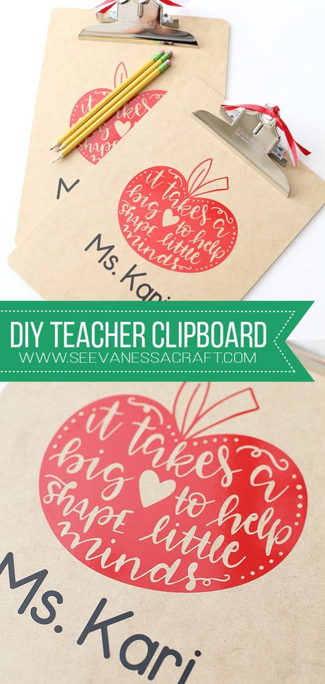 Craft: DIY Vinyl Clipboard Teacher Gift Idea - See Vanessa Craft Teacher Christmas Gift Ideas Cricut, Teachers Day Gifts Diy, Teacher Appreciation Gifts Diy Cricut, Teacher Cricut Gifts, Staff Games, Clipboard Ideas, Gifts Appreciation, Teacher Clipboard, Teacher Appreciation Diy