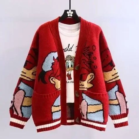 Disney Knitted Cardigan Japanese Donald Cartoon Sweaters for Women Coat Female Autumn and Winter Loose Wild Thicken Kawaii Tops Duck Sweater, Cartoon Sweater, Casual Sweaters Women, Stylish Knitwear, Winter Wardrobe Essentials, Cardigan Beige, Winter Cardigan, Japanese Cartoon, Sweater Coat