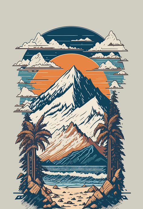 Sebuah Gunung Dengan Desain Kaos Gambar Vektor Pohon Palem#pikbest##Backgrounds Mountain Sunset Landscapes, Trees Vector, Palm Tree Vector, Design Kaos, Mountain Illustration, Illustration T Shirt, Summer Illustration, Summer Backgrounds, Print Ideas