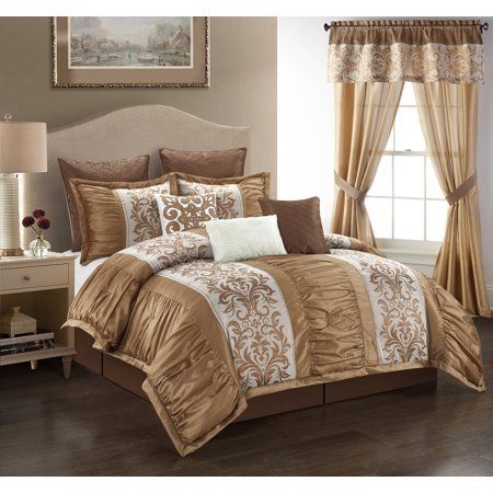 Get the elegant sophisticated look you?ve been searching for with the Chai comforter set. The stylish and beautiful white embellished pleat puffed design with jacquard motives is guaranteed to elevate your bedroom dcor. Size: Queen. Gold Comforter Set, Brown Comforter Sets, Elegant Comforter Sets, Brown Comforter, Gold Comforter, King Size Comforter Sets, Grey Comforter Sets, King Bed Sheets, Cal King Bedding