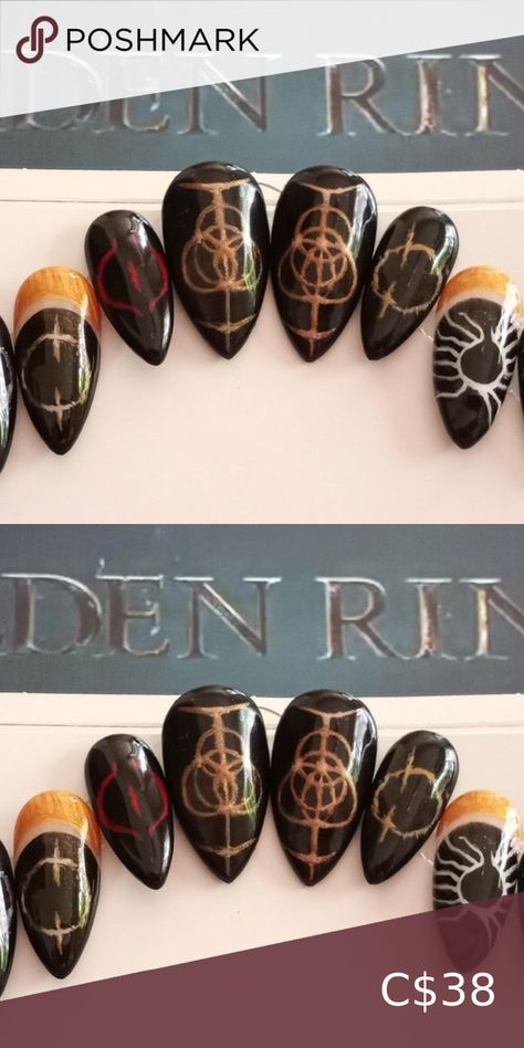 Elden ring /cosplay luxury press on nails available in any length n shape Elden Ring Nails, Medieval Nails, Elden Ring Cosplay, Elden Ring Tattoo, Lost Thoughts, Ongles Design, Luxury Press On Nails, Ring Tattoos, Symbol Tattoos