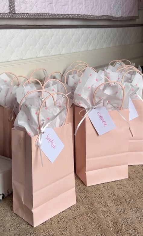 Pink Goody Bags Party Ideas, Pink Birthday Favors, Cute Party Gift Bags, Birthday Gifts Bags, Girly Gift Bags Ideas, What To Put In Birthday Goodie Bags, Bday Give Aways Ideas, Pink Party Favor Bags, Goody Bags Aesthetic