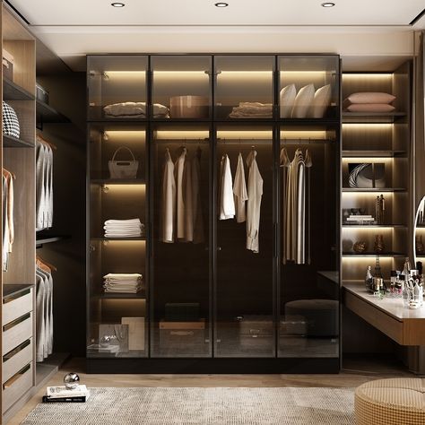 Elegant Black Wardrobe with LED Lighting and Tempered Glass Doors - Bed Bath & Beyond - 38441432 Fancy Closets Walk In, Wardrobe Design Room, Master Closet Design Walk In Layout, Stylish Wardrobe Design, Walk In Closet Decor, Wadroob Design Bedroom, Interior Bloxburg, Walking Closet Ideas, Walking Wardrobe