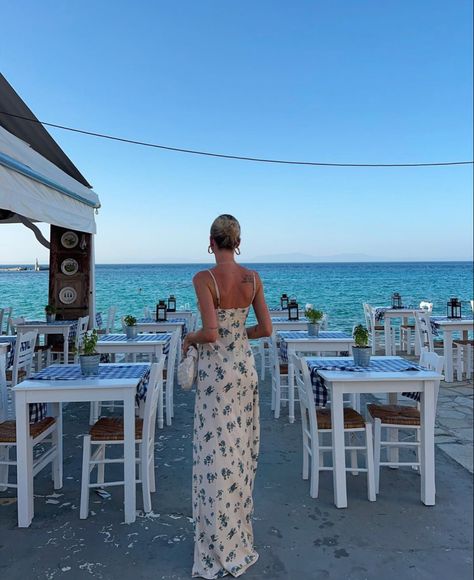 @amandampn on instagram Blue Summer Dress Aesthetic, Tan Outfit, Greece Outfits, Athens Travel, Amanda Marie, Greece Outfit, Water Watercolor, Beach Restaurant, Sundress Summer