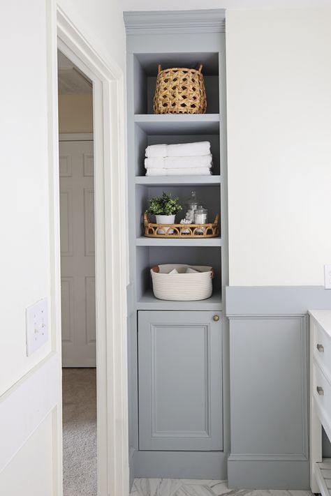 Bathroom Storage Ideas For Small Spaces Cabinets Built Ins, Guest Bathroom With Storage, Bathroom Cubbies Built Ins, Diy Bathroom Shelves Small Spaces, Open Bathroom Closet Ideas Storage, Open Cabinet Bathroom, Built In Cabinet Bathroom, Cool Features For A House, Built In Bathroom Cabinet