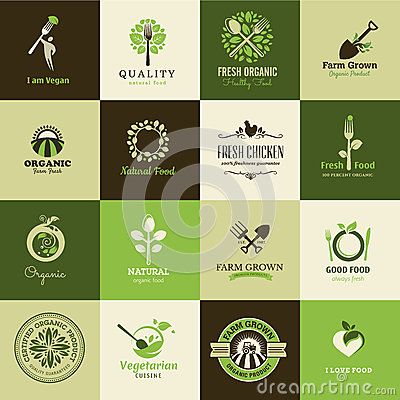 Set of icons for organic food and restaurants Organic Food Labels, Vegan Logo, Organic Food Logo, Food Logos, Healthy Food Logo, Benefits Of Organic Food, Food Vector, Farm Logo, Organic Logo