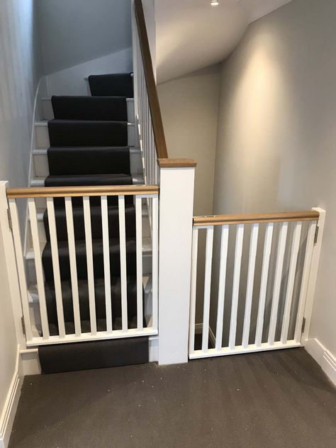 Wooden Stair Gate Ideas, Diy Stair Gate, Custom Stair Gate, Stair Gate Diy, Banister Baby Gate, Wooden Stair Gate, Staircase Gate, Stair Gates, Wooden Baby Gates