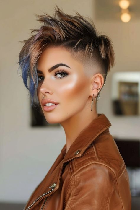 Haircut With Undercut For Women, Skin Fade Women, Hair Color For Short Hair Pixie, Long Top Pixie, Choppy Pixie Cut Fine Hair, Pixie Undercut Hairstyles Edgy, Edgy Short Hair Pixie, Pixie Haircolor Ideas, 2024 Pixie Cut