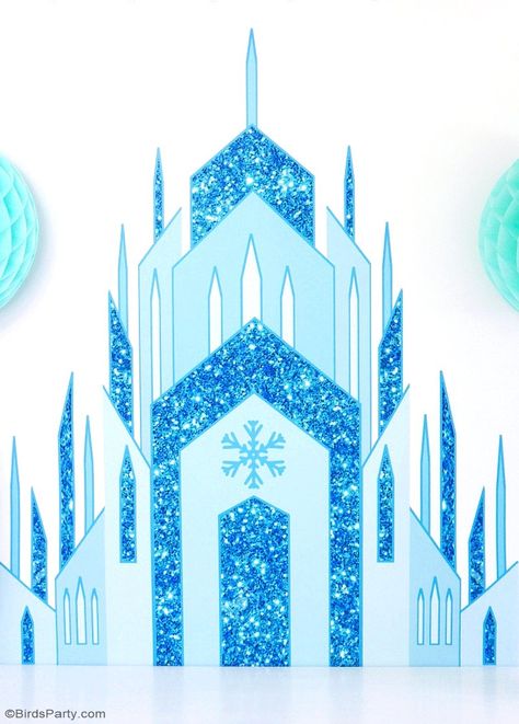 Quick & Easy DIY Frozen Inspired Backdrop - learn to create this stunning, awesome backdrop using printables for your little princesse's birthday party! | BirdsParty.com Frozen Photo Booth, Frozen Birthday Party Decorations, Frozen Castle, Elsa Birthday Party, Frozen Decorations, Frozen Bday Party, Frozen Party Decorations, Disney Frozen Birthday Party, Frozen Birthday Theme