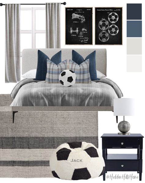 Navy And White Boys Bedroom, Boys Soccer Room Ideas, Soccer Boys Room Ideas, Teenage Football Bedroom, Boys Bedroom Ideas Soccer, Teen Boy Soccer Bedroom, Boys Sports Themed Bedroom, Teen Soccer Bedroom, Sport Bedroom Ideas Boys