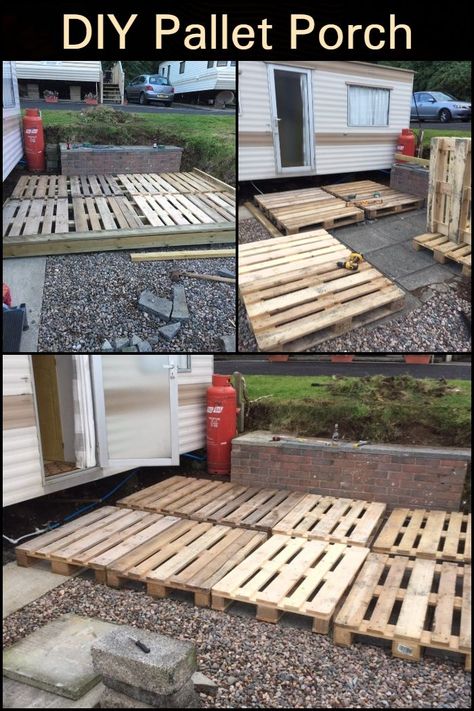 Camper Patio Ideas Diy, Porch With Pallets, Rv Pallet Deck Ideas, Trailer Porch Ideas Decks, Porch From Pallets, Diy Porch Floor Ideas, Diy Decking On A Budget, Diy Rv Deck, Permanent Camper Site Ideas Patio