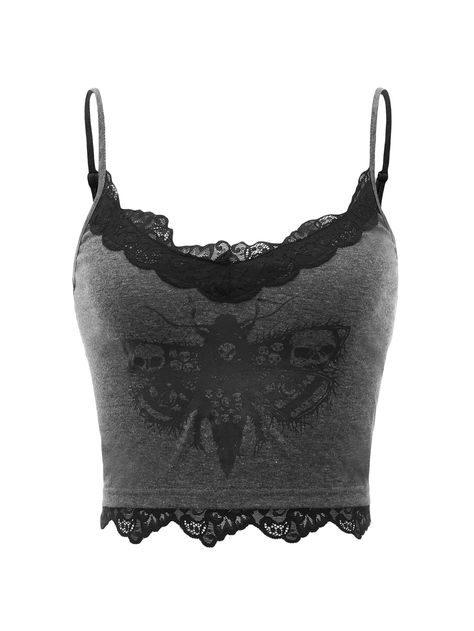Clubwear Outfits, Butterfly Skull, Lace Trim Cami Top, Insect Print, Estilo Grunge, Y2k Grunge, Lace Trim Cami, Tank Top Camisole, Swaggy Outfits