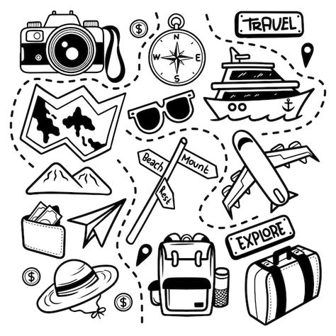 Doodle travel explore line art vector is... | Premium Vector #Freepik #vector #tour #tourism #trip-icon #travel Travel Cartoon Illustration, Around The World Drawing, Doodle Travel, Country Drawings, Trip Illustration, Travel Cartoon, Whiteboard Ideas, Travel Symbols, Tourism Design