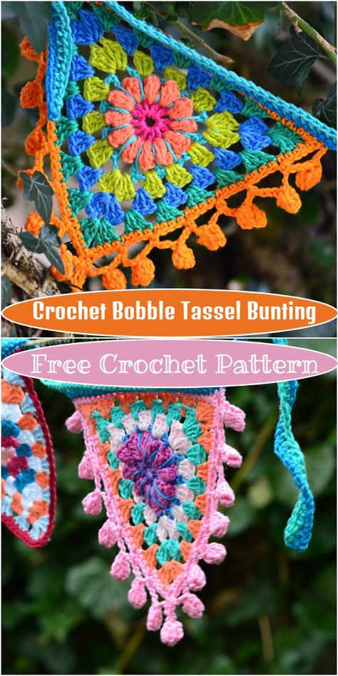 Free Crochet Tassel Patterns,Crochet Bobble Tassel Bunting #freecrochetpattern #crochettassel #freecrochettassel #freecrochettasselpattern Boho Crochet Bunting Free Pattern, Crochet Triangle Bunting, Free Crochet Boho Patterns, Crochet Bunting Ideas, Crochet Bunting Garland, Boho Crochet Free Patterns, Crochet Tassels How To, Crochet Triangle Pattern Free, Crochet Motif Patterns Free