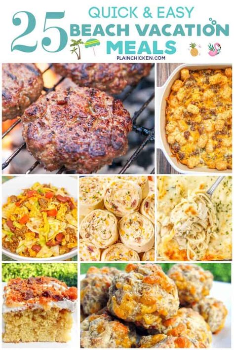 Quick Easy Recipes For 2, Easy Meals At Airbnb, Easy Meals To Make At The Beach, Beach Trip Dinner Ideas, Beach Cooking Ideas, Easy Vrbo Meals, Easy Meals For Vacation At The Beach, Meals To Make At The Beach, Easy Dinners At The Beach