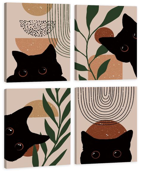 PRICES MAY VARY. 🐈 Unique Design:12"x16" cat wall art set of 4, features warm orange and beige color, funny black cats and greenery design, make your wall full of the vitality. 🐈 Ready To Hang:Hooks are mounted on each panel, and the package includes non-marking nails, so you just need to attach the nails to the wall to hang it! 🐈 Cat Decor for Cat Lovers:Suitable for any room in your home, our boho black cat pictures can be hung either as a set or individually to create a unique and personal Art For Bedroom Walls Canvases, Paintings Decoration Wall, Painting Ideas On Canvas Home Decor, Painting Sets Canvases Wall Decor, Cute Cats Painting, Wall Painted Designs, Set Of Two Paintings, Best Wall Painting Design, Cat Canvas Art