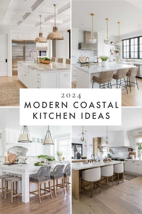 Beautiful modern coastal kitchen ideas, 2024 kitchen cabinet trends, white oak and white cabinets, California casual style kitchens, designer kitchen ideas, dream kitchens, modern beach house kitchen ideas, and more Coastal Modern Kitchen Ideas, Modern Coastal Kitchen Island, Coastal Kitchen And Open Living Room, Organic Kitchen Design Modern, Coastal Chic Interior Design Kitchen, White Kitchen Counter Decor Ideas, Rustic Beach Kitchen Ideas, Coastal Lights Over Kitchen Island, Luxury Beach House Interior Kitchen