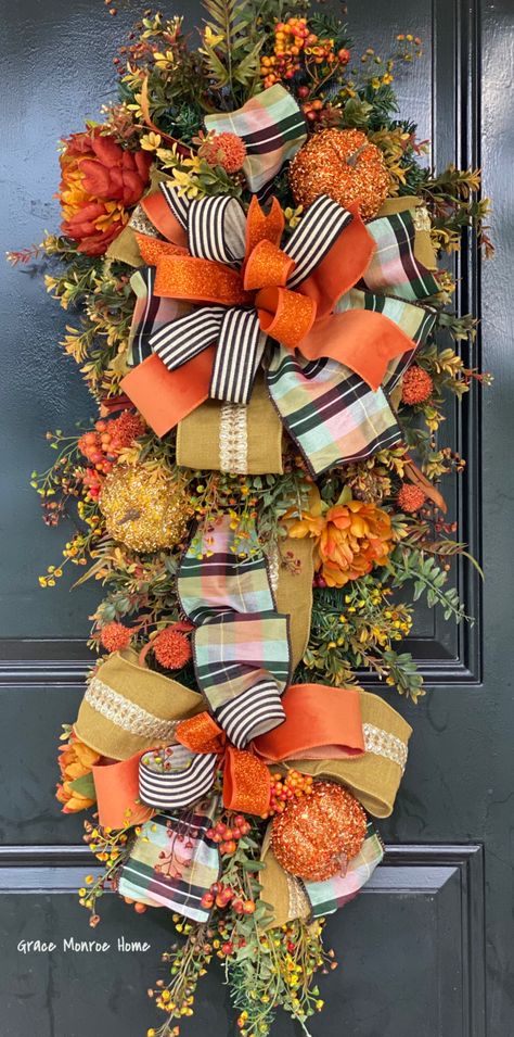 How to Make a Stunning Fall Swag for Your Front Door! How To Make Fall Swags For Front Door, How To Make Teardrop Wreath, How To Make Fall Wreaths For Front Door, Halloween Swags For Front Door Diy, How To Make Door Swag, How To Make A Fall Swag, Fall Teardrop Swags, Front Door Swag Ideas, Teardrop Wreaths For Front Door