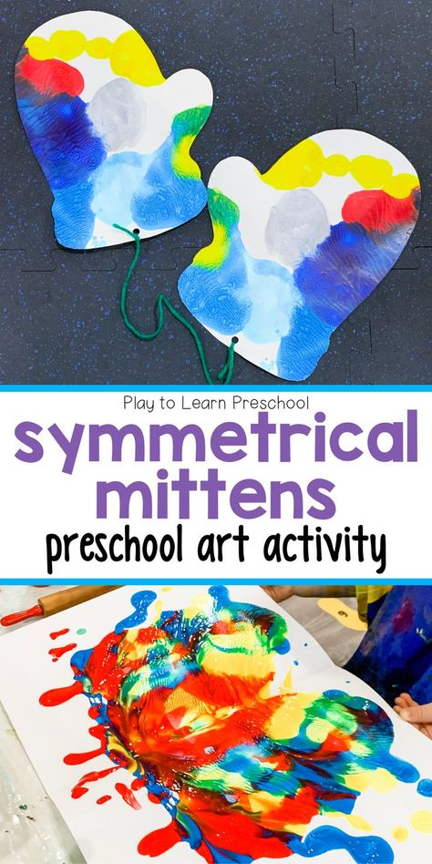 This cozy, symmetrical mitten craft for preschoolers warms students up while they learn about symmetry. The craft activity is simple to set up and even the most reluctant student succeeds. The finished product is a fridge-worthy piece of art that preschoolers can be proud of. #preschoolart #processart #symmetry Preschool Symmetry Activities, January Projects For Preschoolers, Winter Symmetry Art For Kids, Mitten Activity Preschool, The Mitten Toddler Activities, Winter Clothing Art For Toddlers, The Mitten Art Project, The Mitten Activities Preschool Craft, Winter Preschool Art Activities