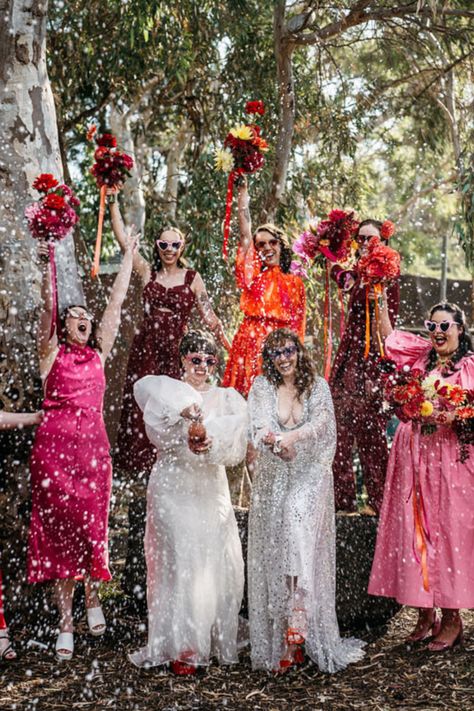 Tacky Wedding, Sequins Wedding Gown, Orange And Pink Wedding, Modern Wedding Bouquets, Silver Wedding Dress, Gothic Bride, Queer Weddings, Modern Bridesmaid, Colourful Wedding